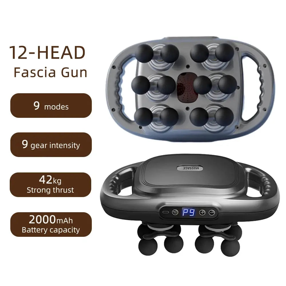 Simples Market 12-head fascia gun handheld massager with display 9 modes 9 intensities 42kg thrust 2000mAh.