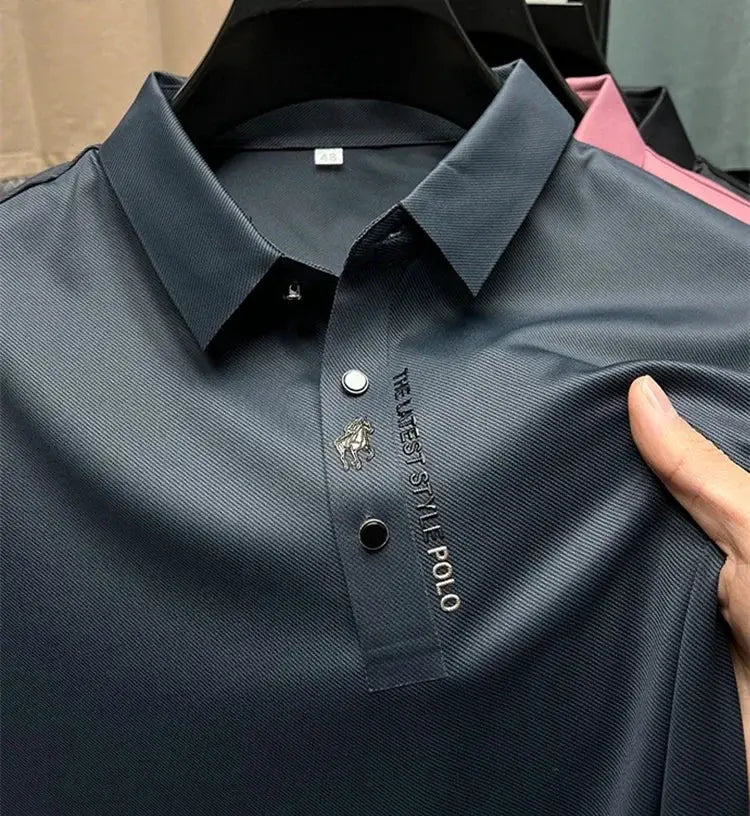 Polo shirt by Simples Market, ice silk navy blue with embroidered crest and vertical text on placket