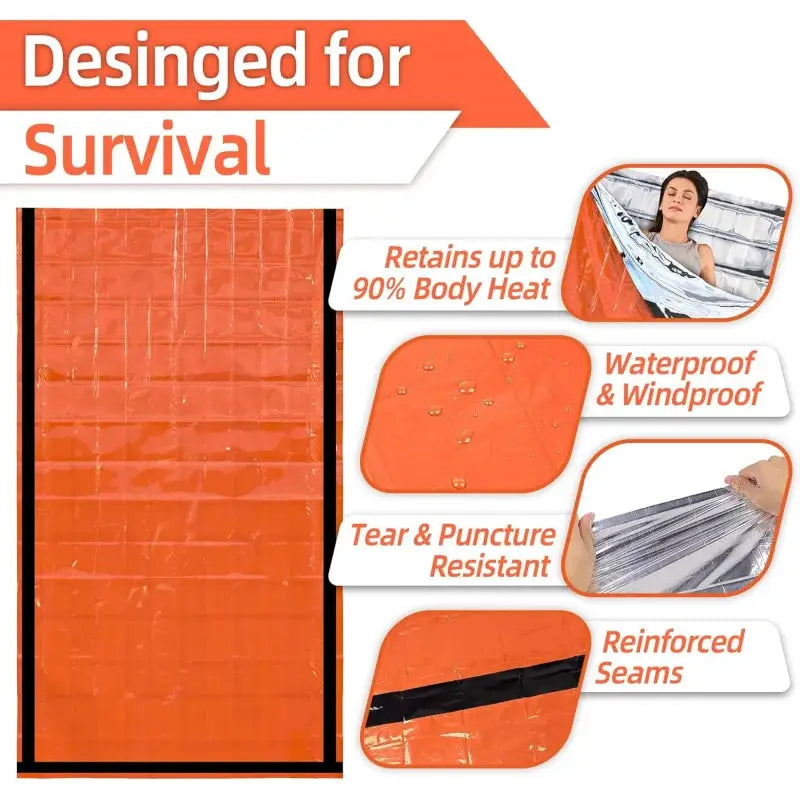 Emergency sleeping bag survival blanket orange Mylar bivy sack for camping; waterproof and tear-resistant.