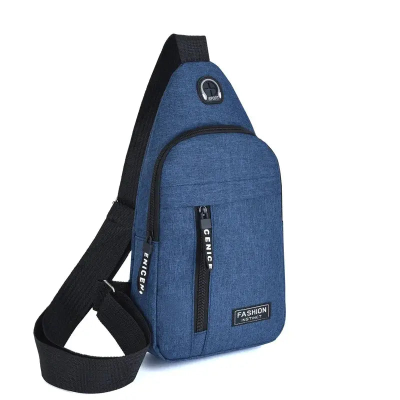 Blue Oxford chest bag with black shoulder strap, front zip pocket, fashion instinct patch, waterproof crossbody bag