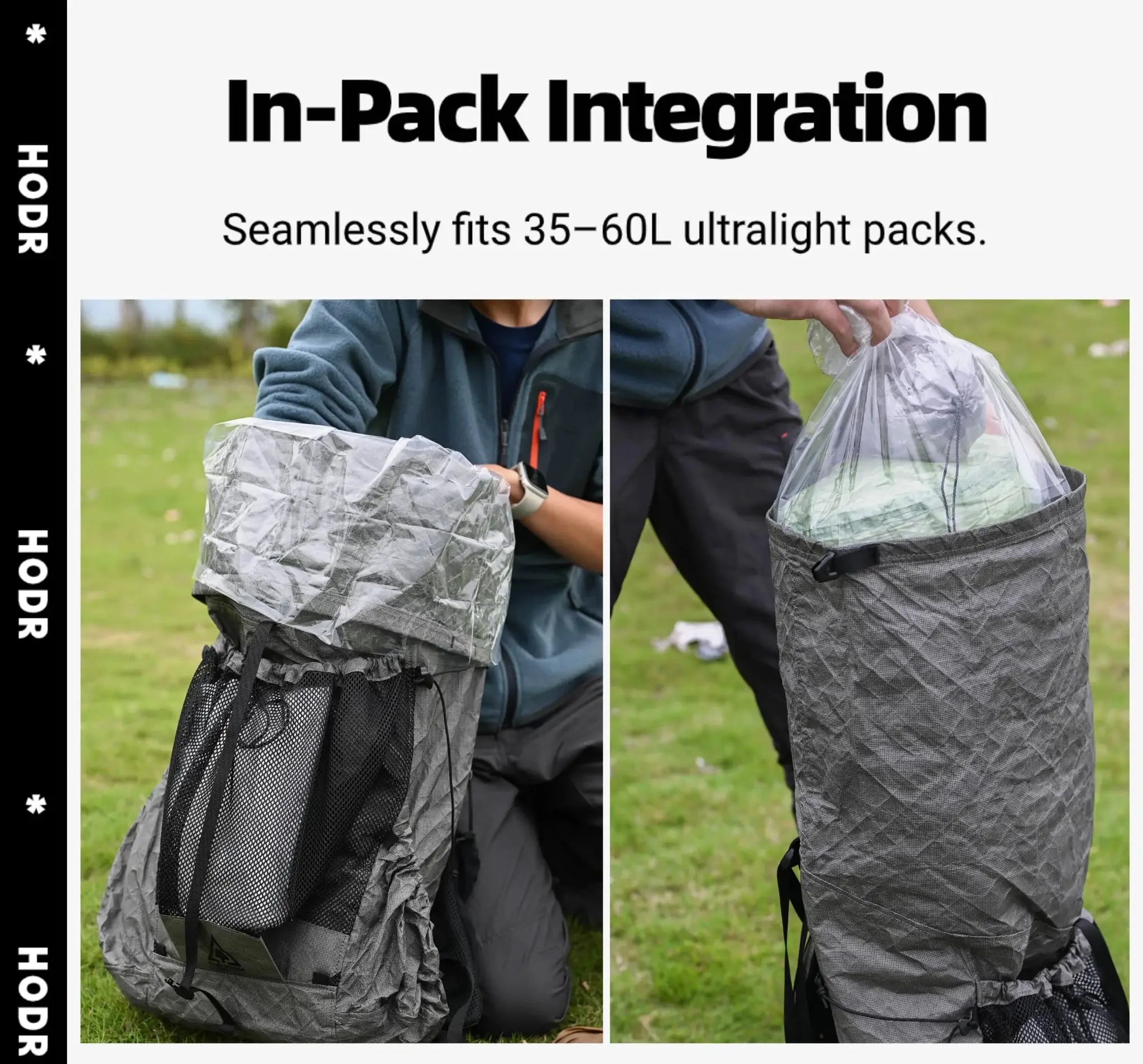 Two Simples Market ultralight gray polycro backpack liner dry bags; waterproof inner storage for 35–60L packs