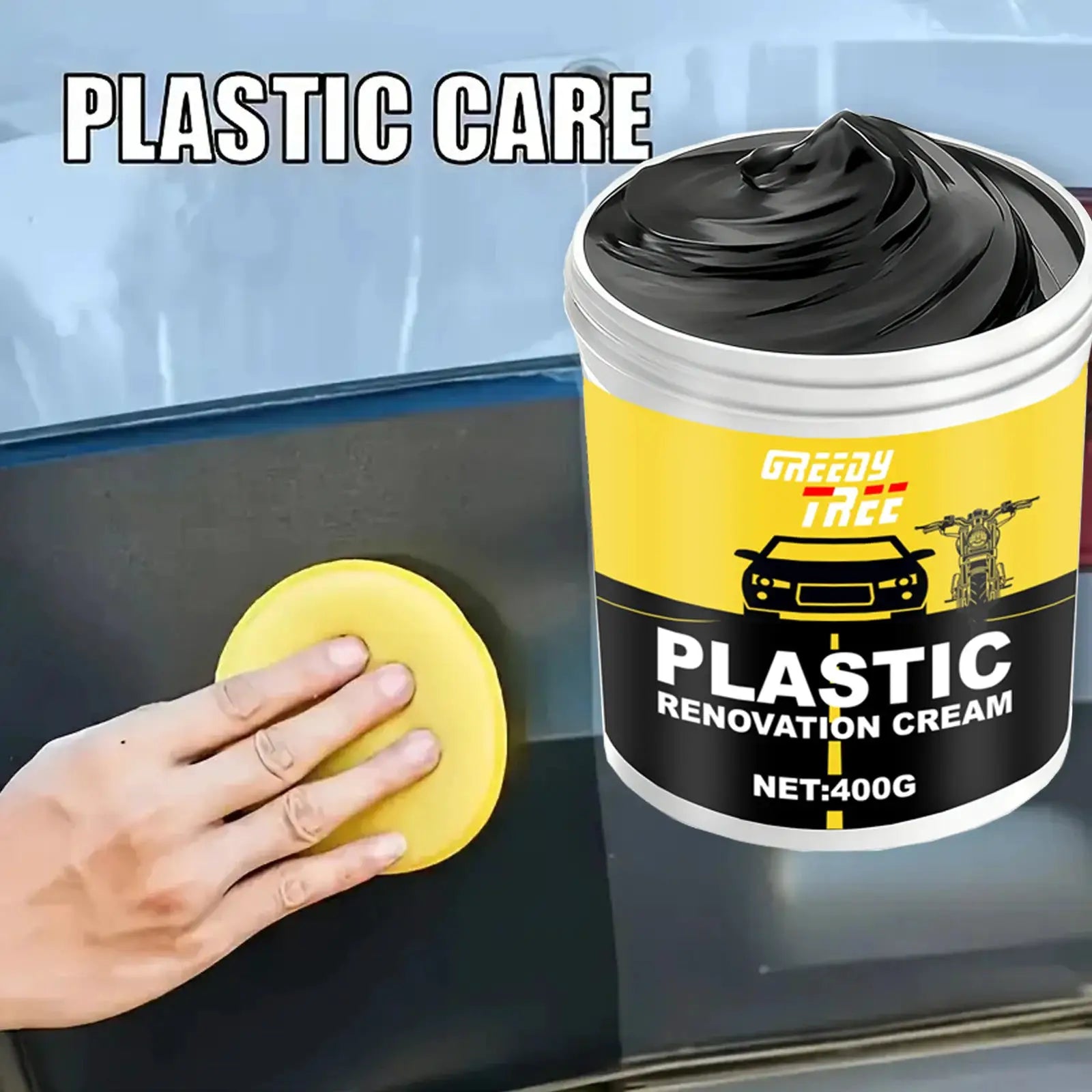 Plastic renovation cream 400g Greedy Tree tub with black formula for car bumpers, interiors and dashboards