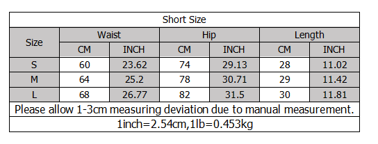 Simples Market fitness shorts size chart for female tight cycling yoga high-waist, shows waist, hip and length for S-L