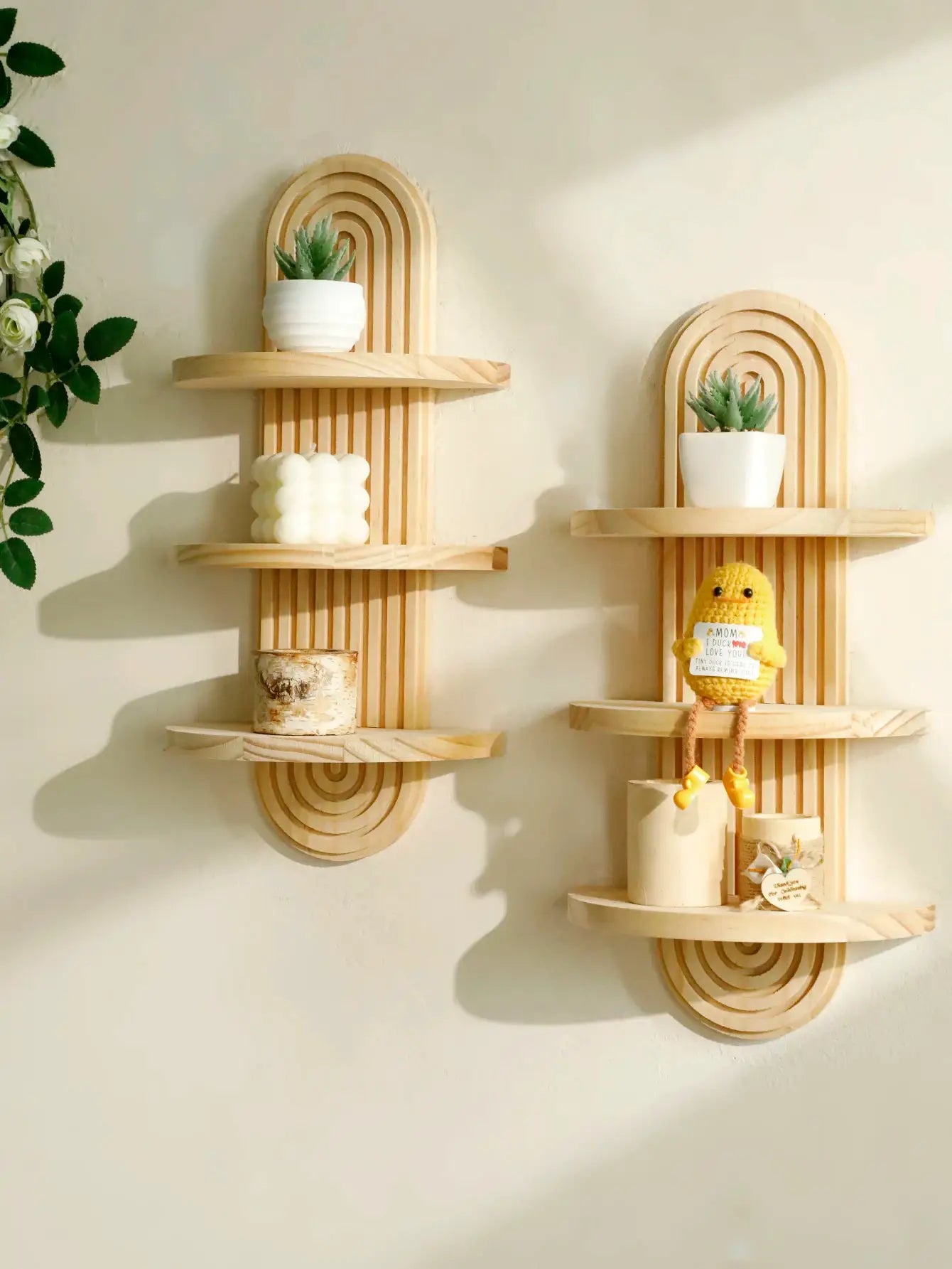 Two geometric arch wooden wall shelves in natural finish by Simples Market, boho decor with plants