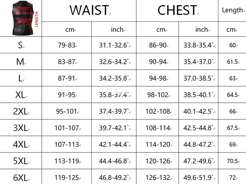 Simples Market men's stand-collar leather T-shirt size chart with waist and chest measurements S–6XL