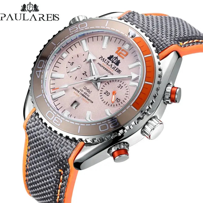 PAULAREIS P luxury men's automatic watch with gray rubber strap and orange bezel accents