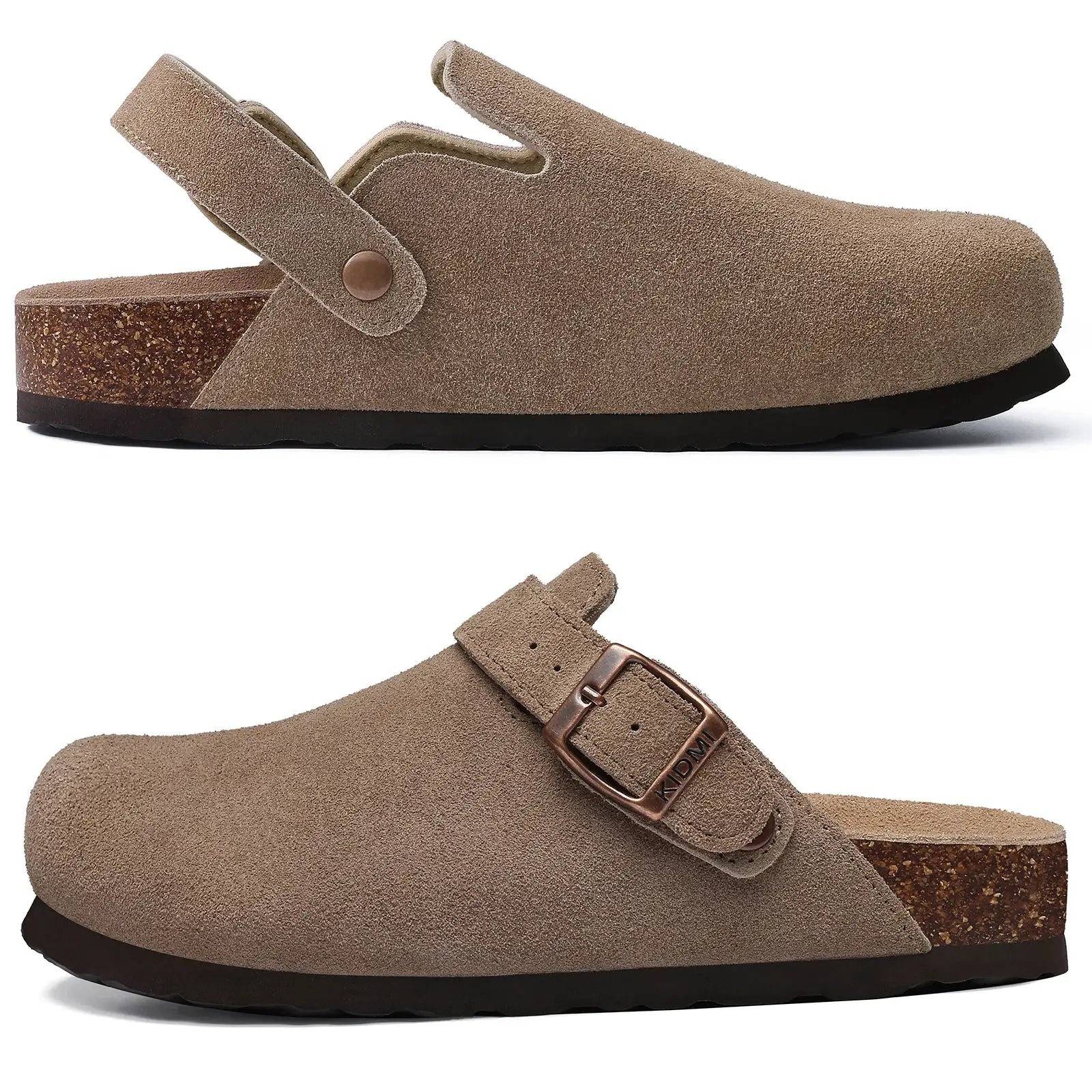 Litfun brown suede women's clogs with cork footbed and adjustable strap