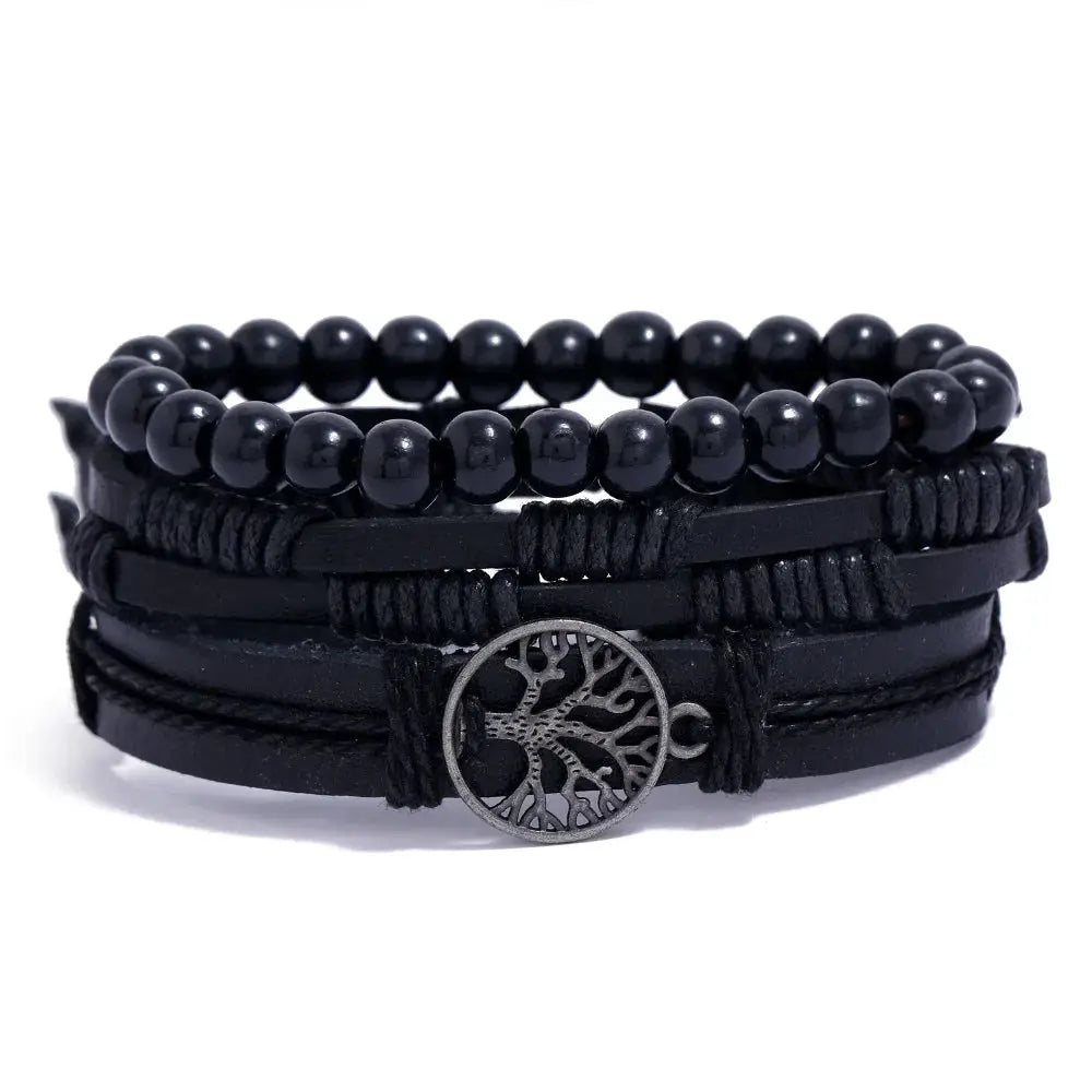 4 Piece Set Braided Leather Wrap Bracelets For Men Vintage Life Tree Rudder Charm Wood Beads Ethnic Tribal Wristbands