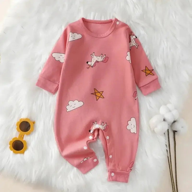 Newborn Baby Romper For 0 To 18 Months 100 Percent Cotton Long Sleeve Unisex Cute Cartoon Pattern For Autumn And Spring