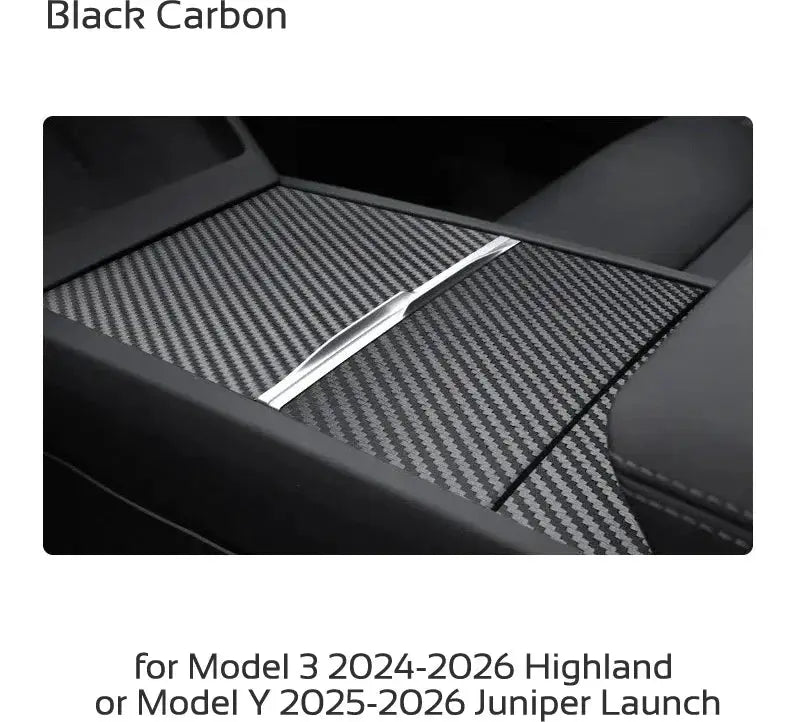 Center console cover in black carbon fiber for Tesla Model 3 Highland/Y Juniper 2024–2026 by Simples Market