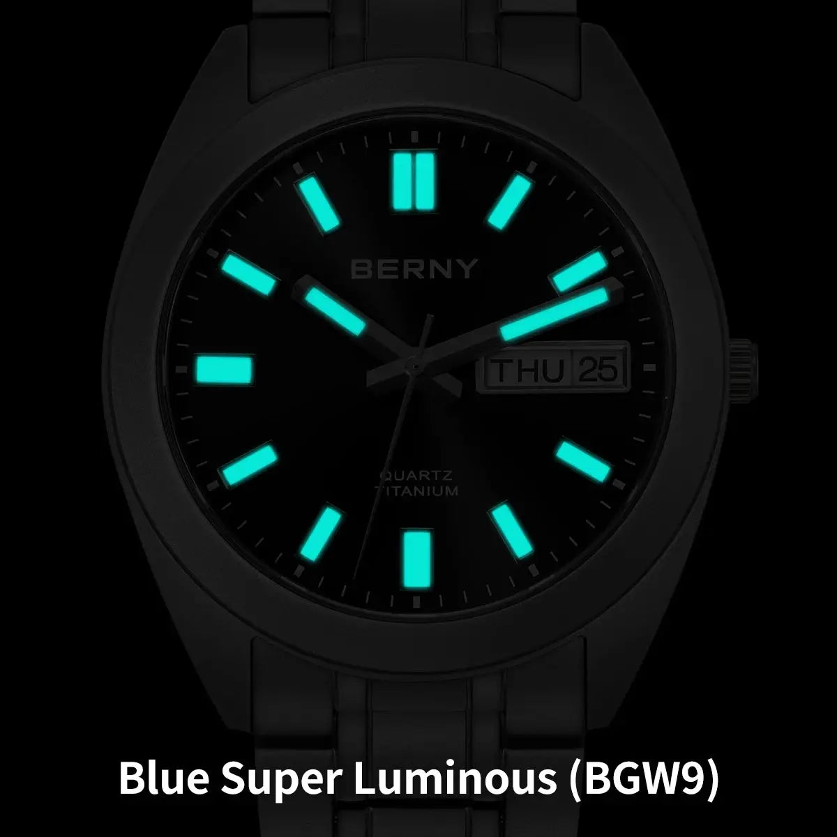 BERNY titanium men's watch with black dial and blue luminous markers, day-date window, black bracelet.