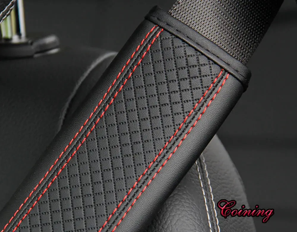 PU leather embossed car seat belt shoulder cover, black with red stitching, 1pc, Simples Market