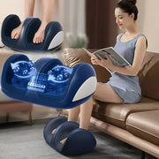 Blue electric foot massager with dual kneading rollers for feet and calves; user resting on sofa.