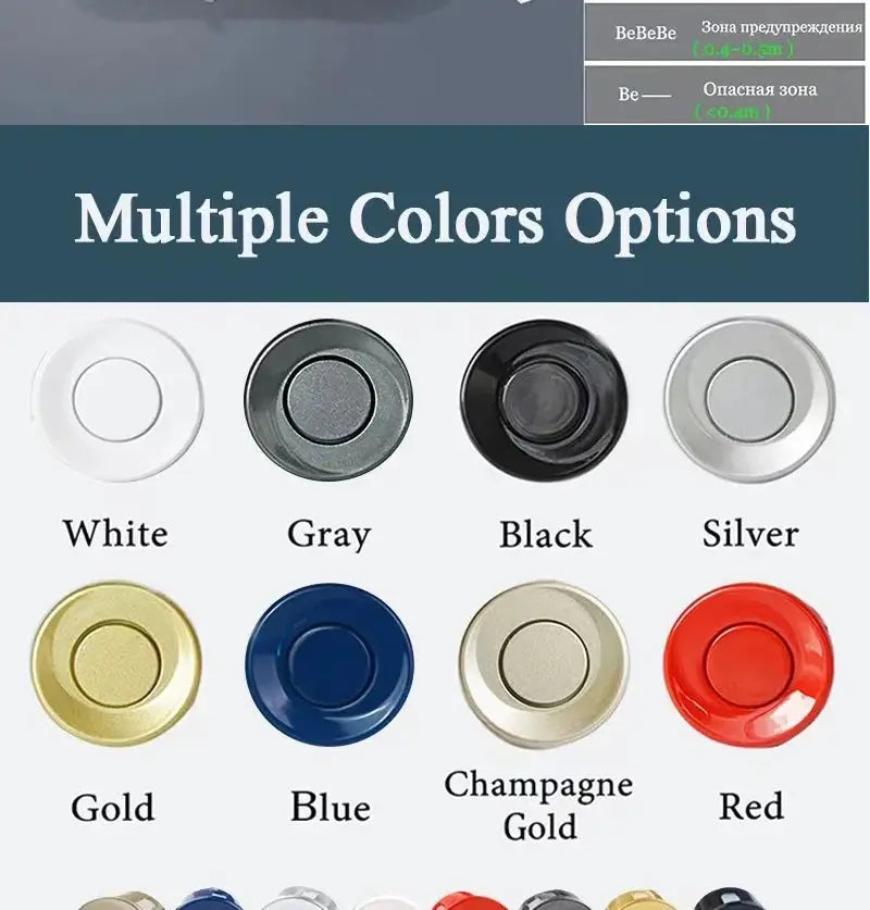 FirstSafe parking sensor kit mood light; 8 dials shown: white, gray, black, silver, gold, blue, champagne gold, red