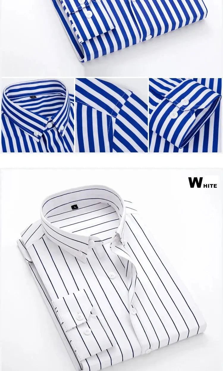 Men's striped shirt by Simples Market, blue/white and white/navy stripes, long sleeve, slim fit (2 color variants).