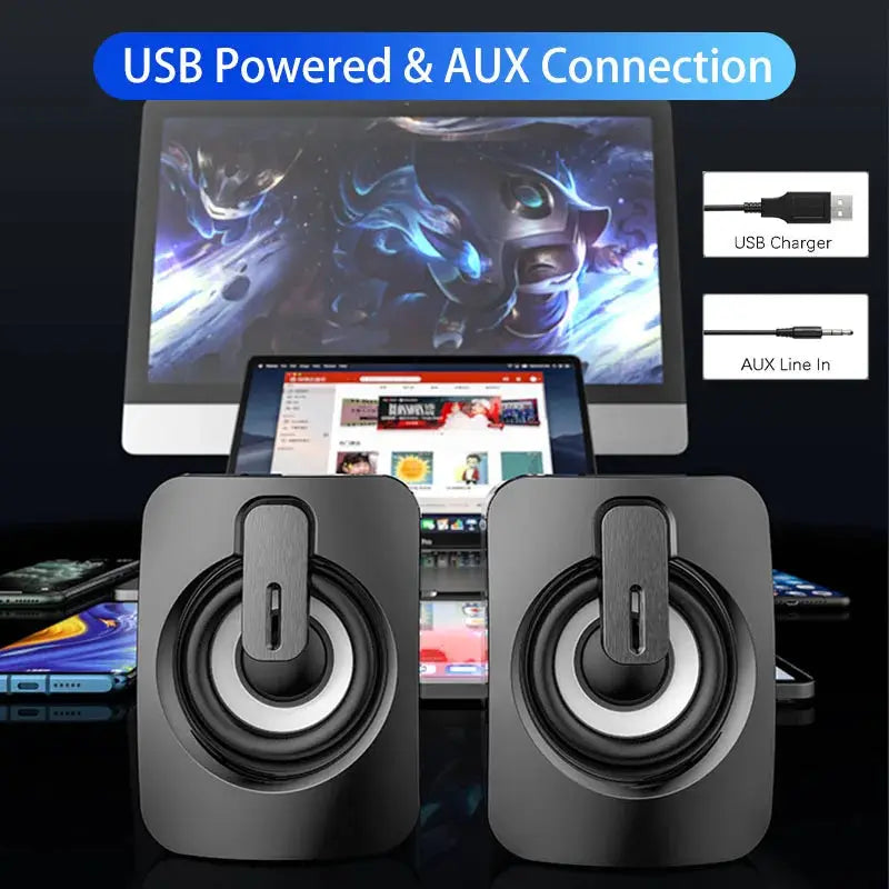 Simples Market computer speaker pair, USB-powered with AUX input, black desktop speakers, two units
