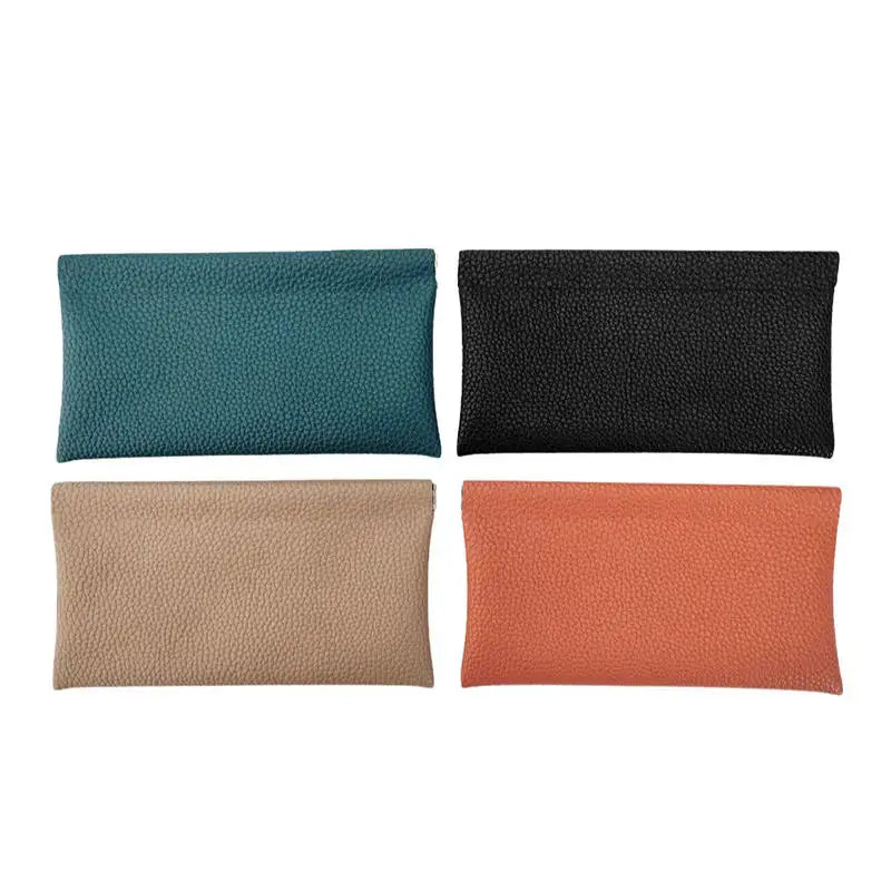 Set of four self-closing artificial leather long wallets/ID pouches in teal, black, beige, and orange.