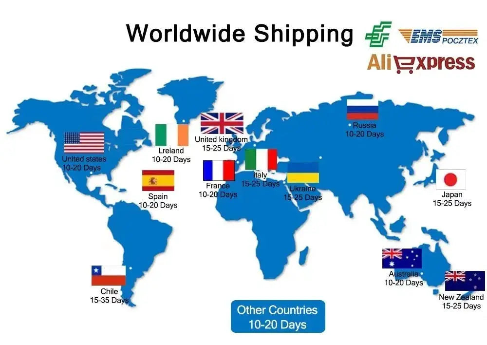 Worldwide shipping map banner with blue world map, country flags and 10–25 day delivery labels.
