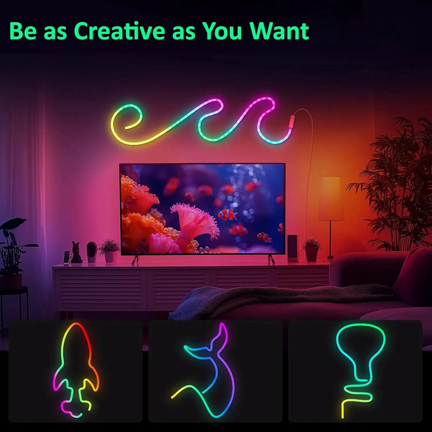 Neon LED Rope Lights by Simples Market, RGB color-changing flexible LED strip for bedroom with remote and app