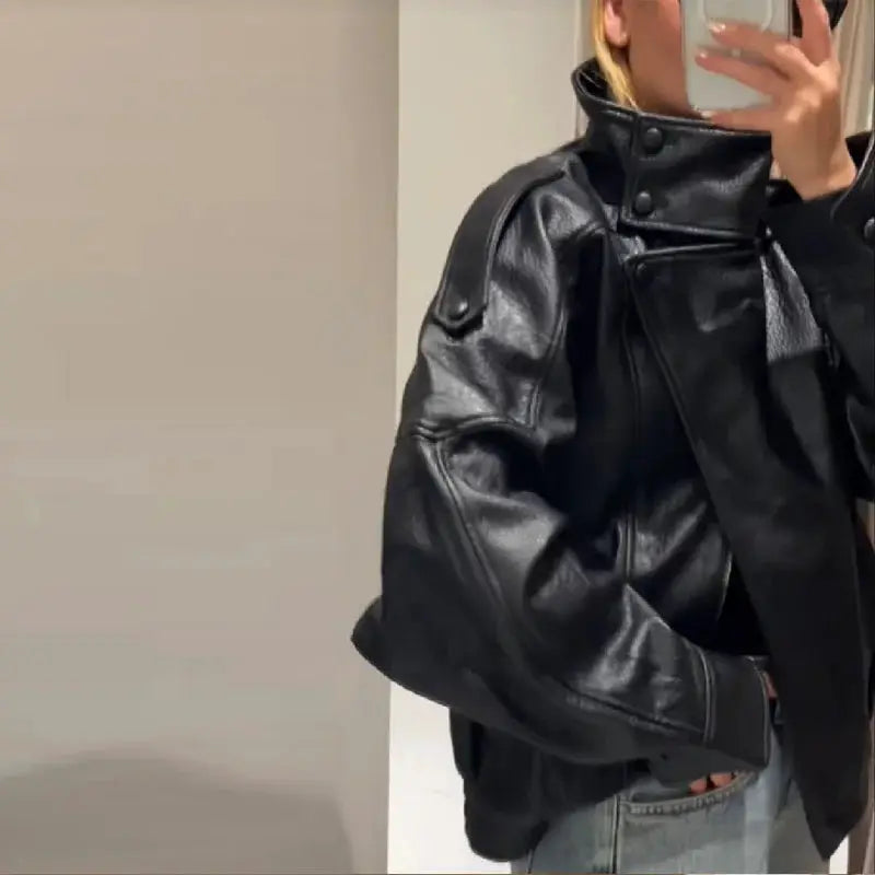UrbanChic PU Leather Jacket Stand Collar Long Sleeve Loose Fit Coat For Effortless Casual Streetwear In Autumn