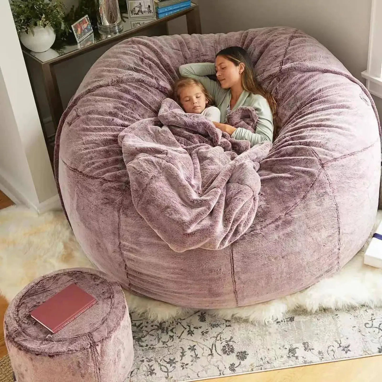 Simples Market mauve plush bean bag sofa bed with matching pouf for cozy lounge seating