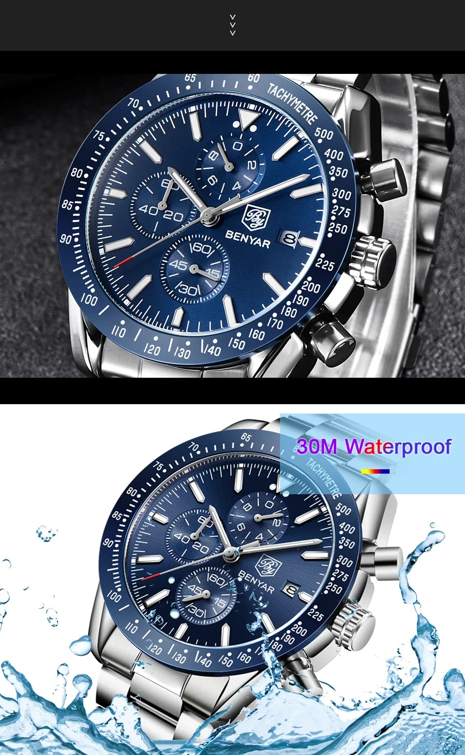 Men's BENYAR full steel chronograph watch with blue dial, tachymeter bezel, metal bracelet, water resistant 30m