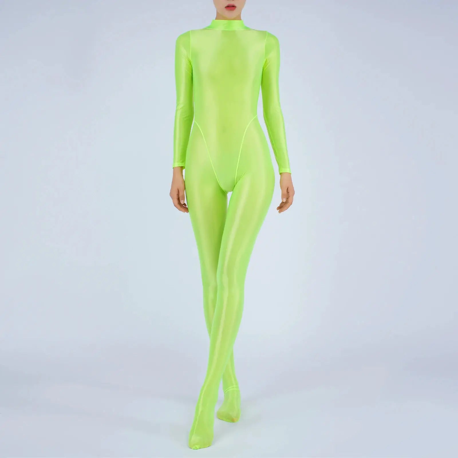 Womens neon lime full-body jumpsuit with long sleeves and footed design by Simples Market