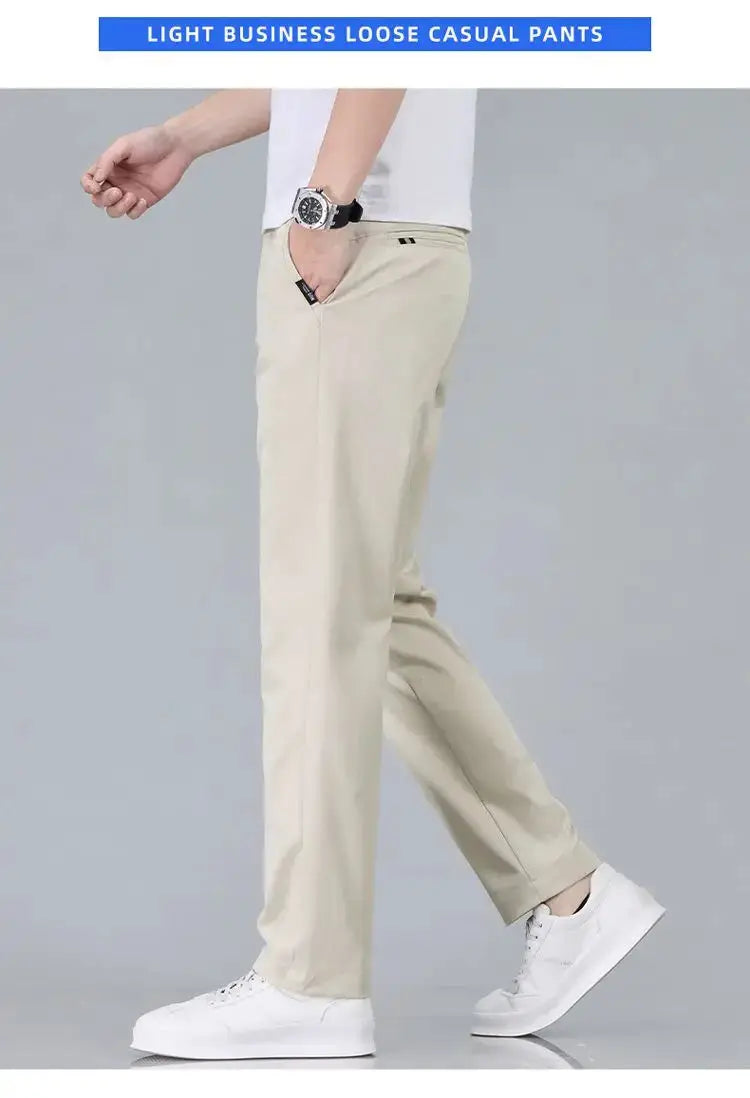 Men's beige cotton slim-fit casual trousers with front pockets
