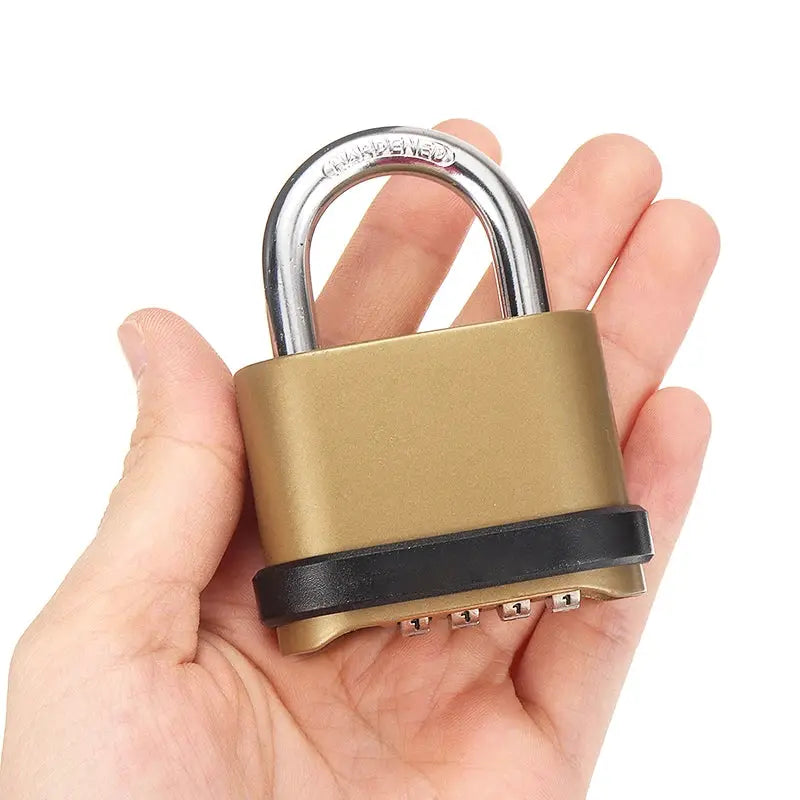 Padlock with 4-digit code; brass-tone zinc alloy body, silver shackle, black rubber guard