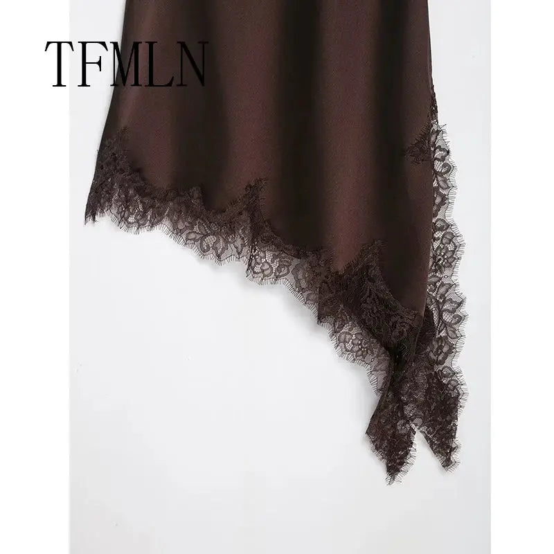 TFMLN Women Sexy Lace Splicing Dresses Slimming Silhouette With Asymmetrical Neckline And Backless Design