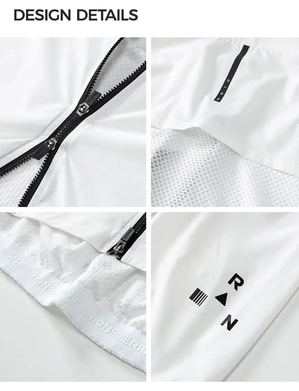 RION men's long-sleeve white windbreaker with black zippers and mesh inner lining