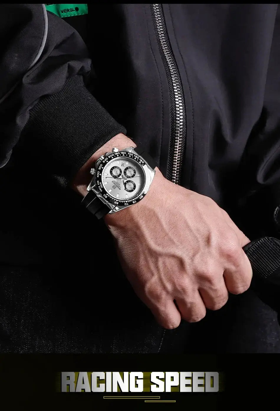 NAVIFORCE NF8054 men's chronograph watch with black silicone strap, silver dial and luminous markers.