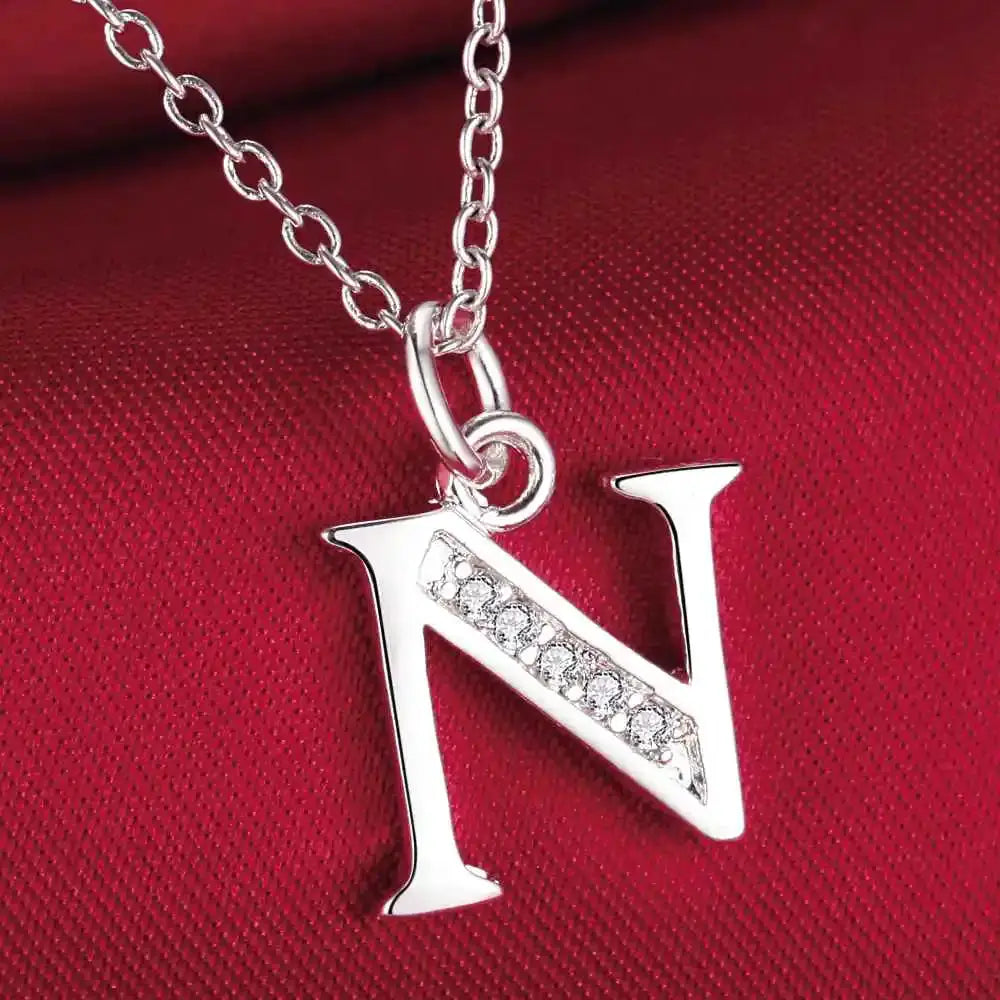 Sterling silver N pendant with zircon stones on a chain necklace