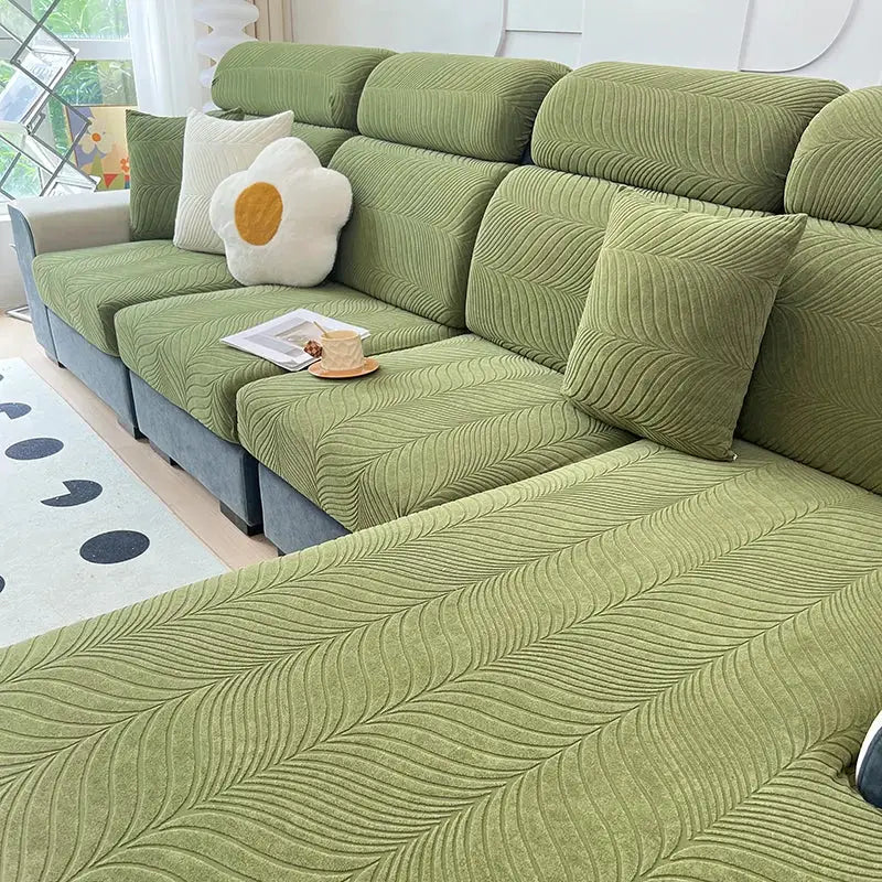 Sofa cover set by Simples Market, splash-proof jacquard green; high elasticity, anti-dirt and anti-scratch.