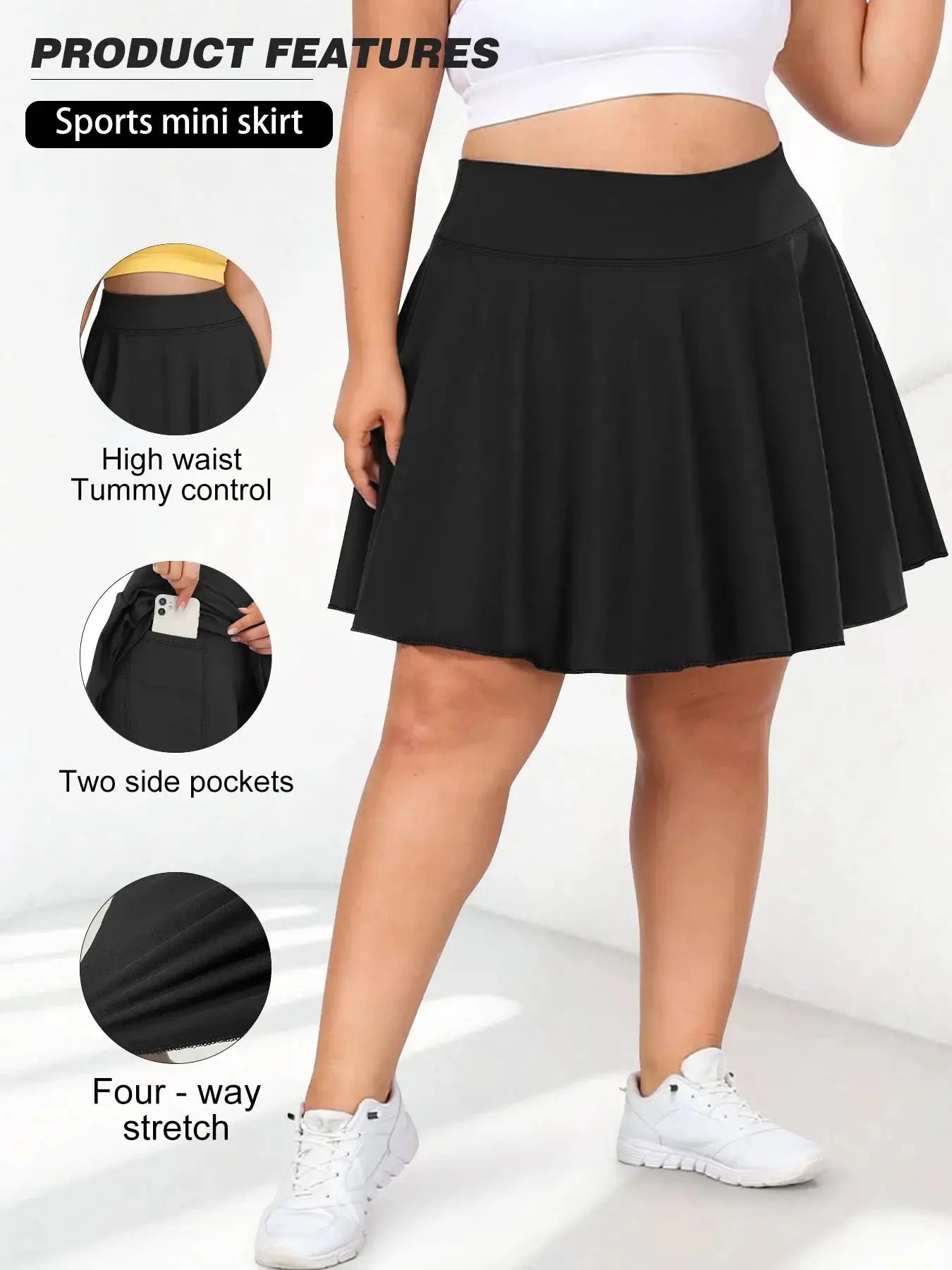 Simples Market plus-size black sports mini skirt with high waist, two side pockets, four-way stretch