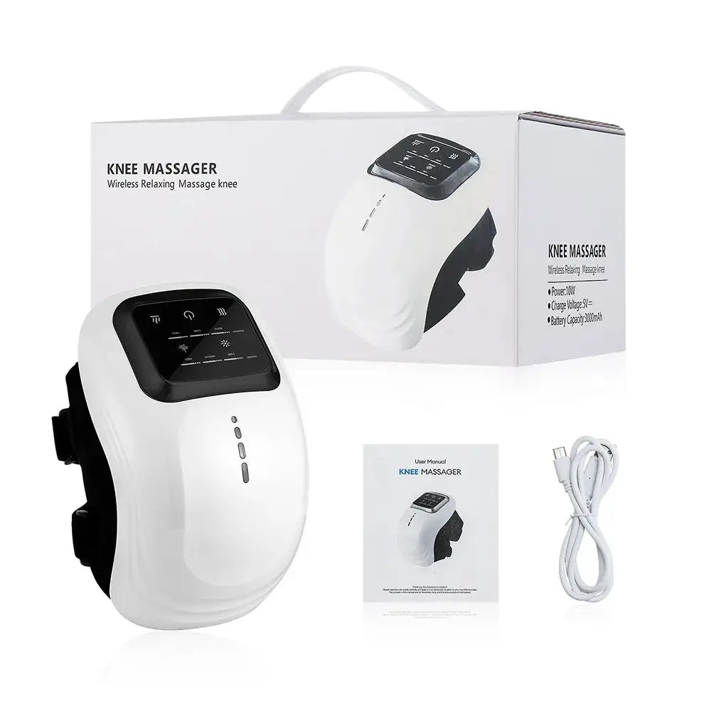 Knee massager by Simples Market, white with touchscreen control; includes USB cable, user manual, and box
