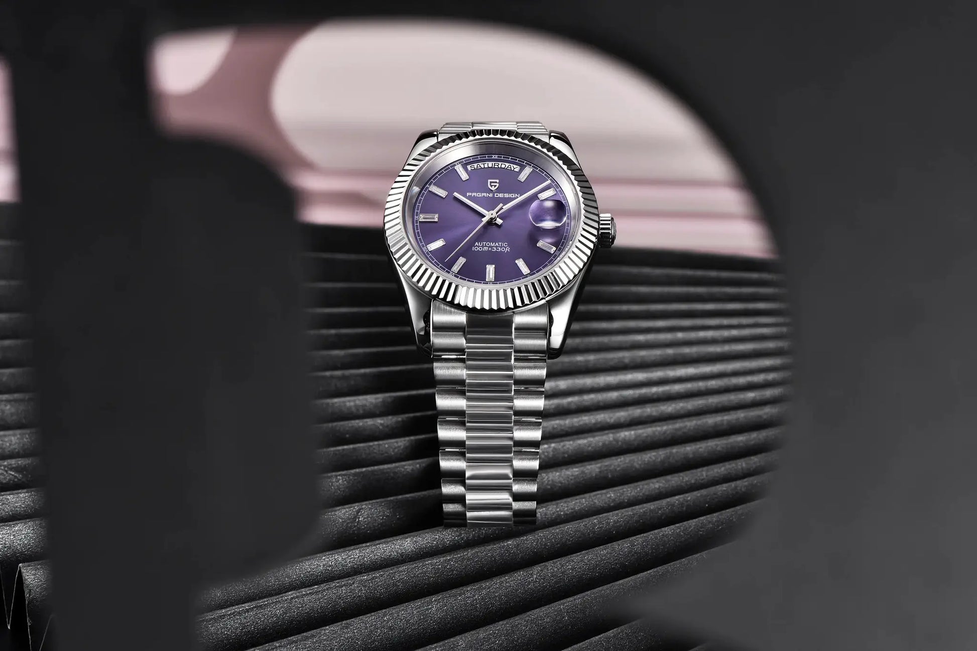 Pagani Design men's stainless steel automatic watch with purple dial and date window