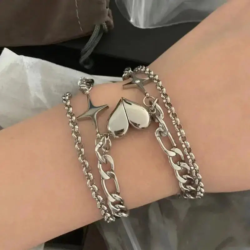 2-piece silver bracelet set with heart charms and chunky chain links