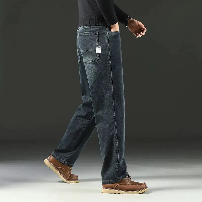 Simples Market men's baggy denim jeans, dark wash, straight wide-leg casual trousers.