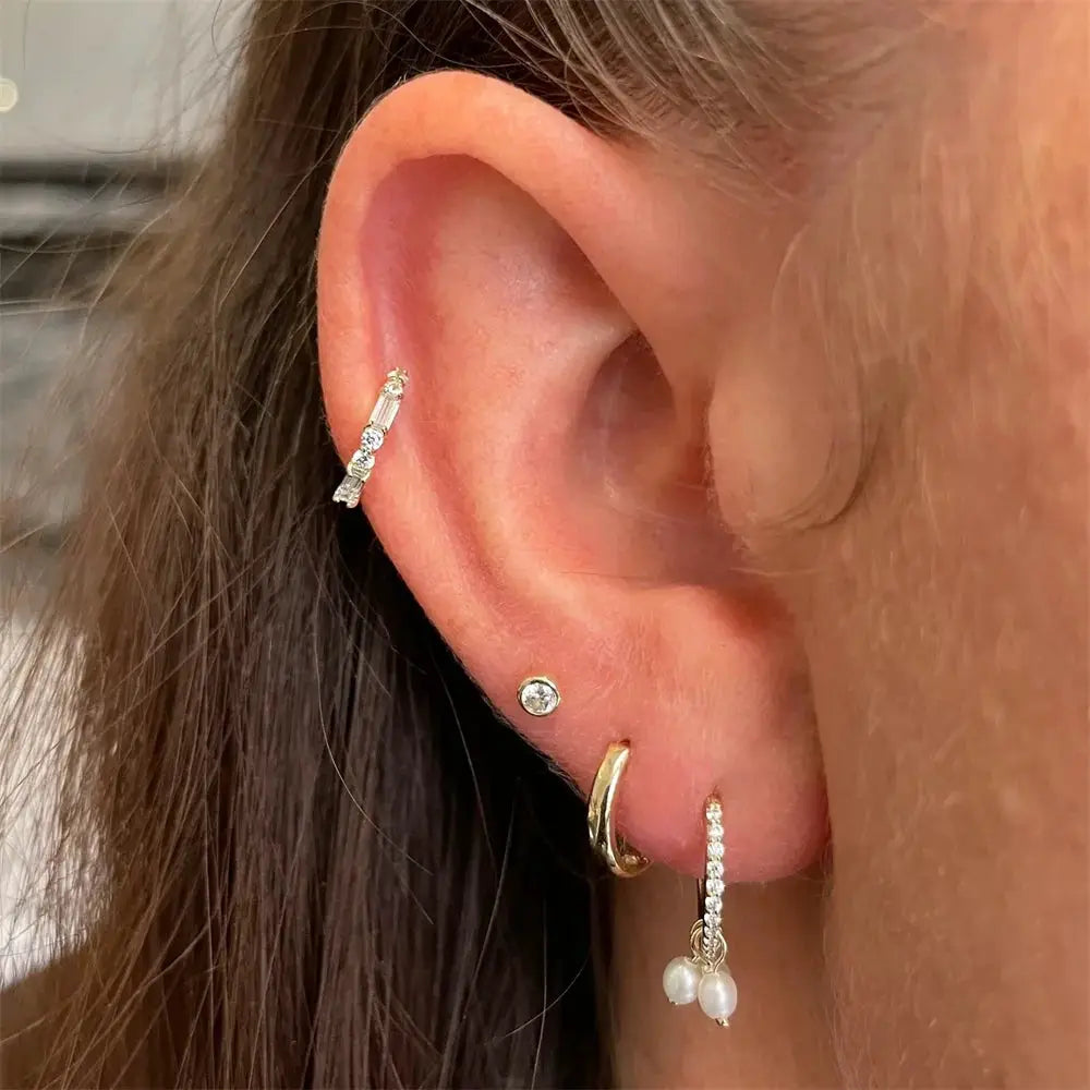 Simples Market AIDE 925 silver ear jewelry set with helix stud, diamond stud, gold hoop and pearl drop 4 pcs
