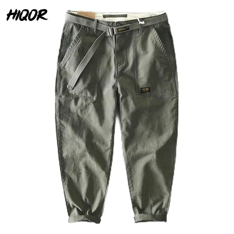HIQOR men's baggy olive cargo pants with belt and multiple pockets