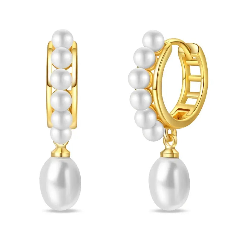 Pair of gold-tone pearl hoop earrings with pearl beads and a dangling pearl drop