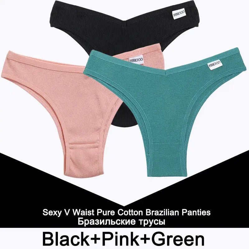 Cotton thong panties 3-pack by FINETOO in black, pink and teal