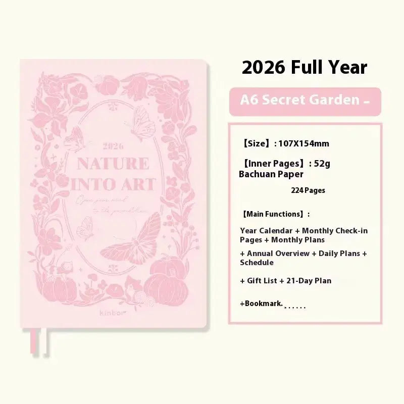 Kinbor pink Nature into Art 2026 A6 planner with floral cover, full-year agenda