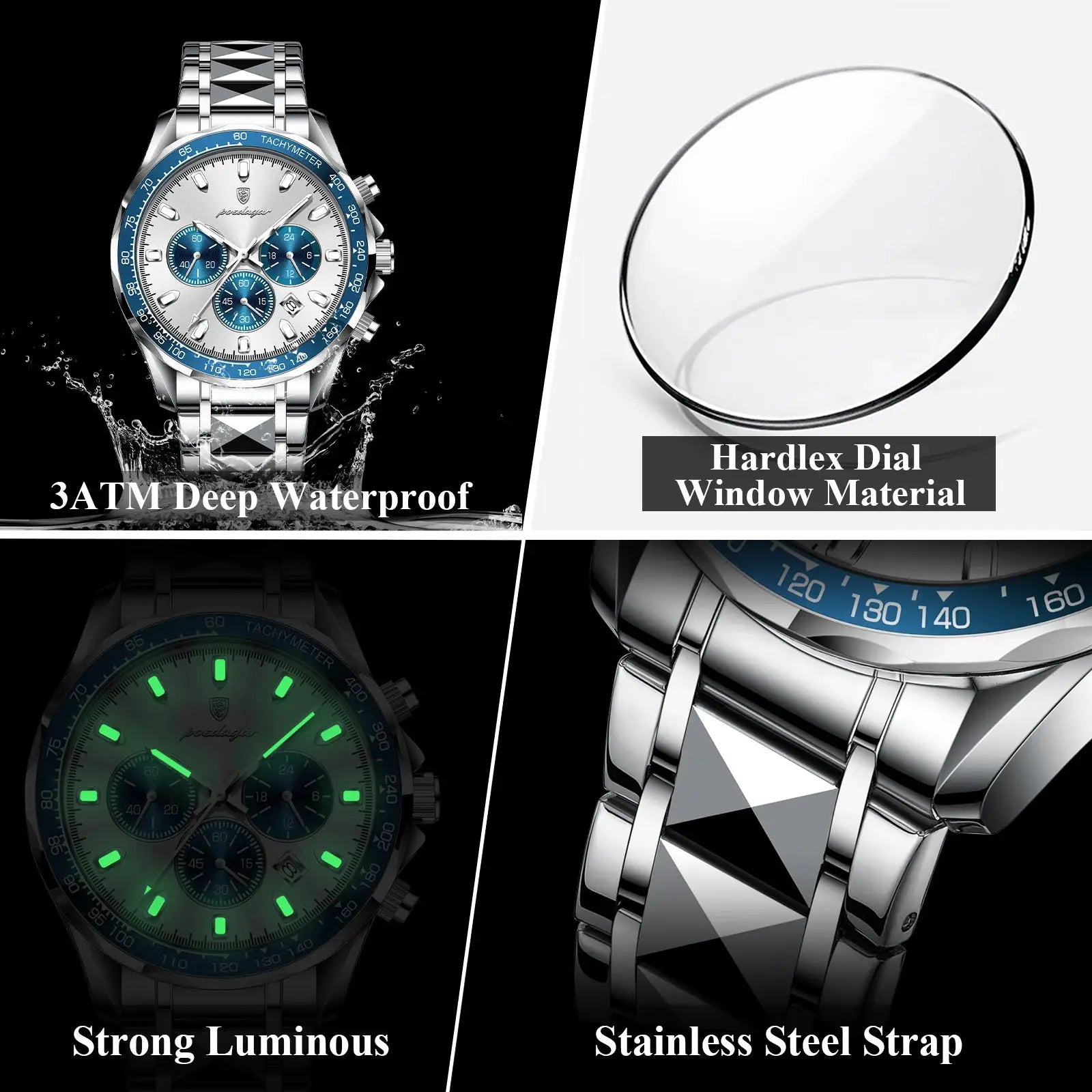 POEDAGAR men's luxury stainless steel chronograph watch with luminous dial and blue bezel, waterproof