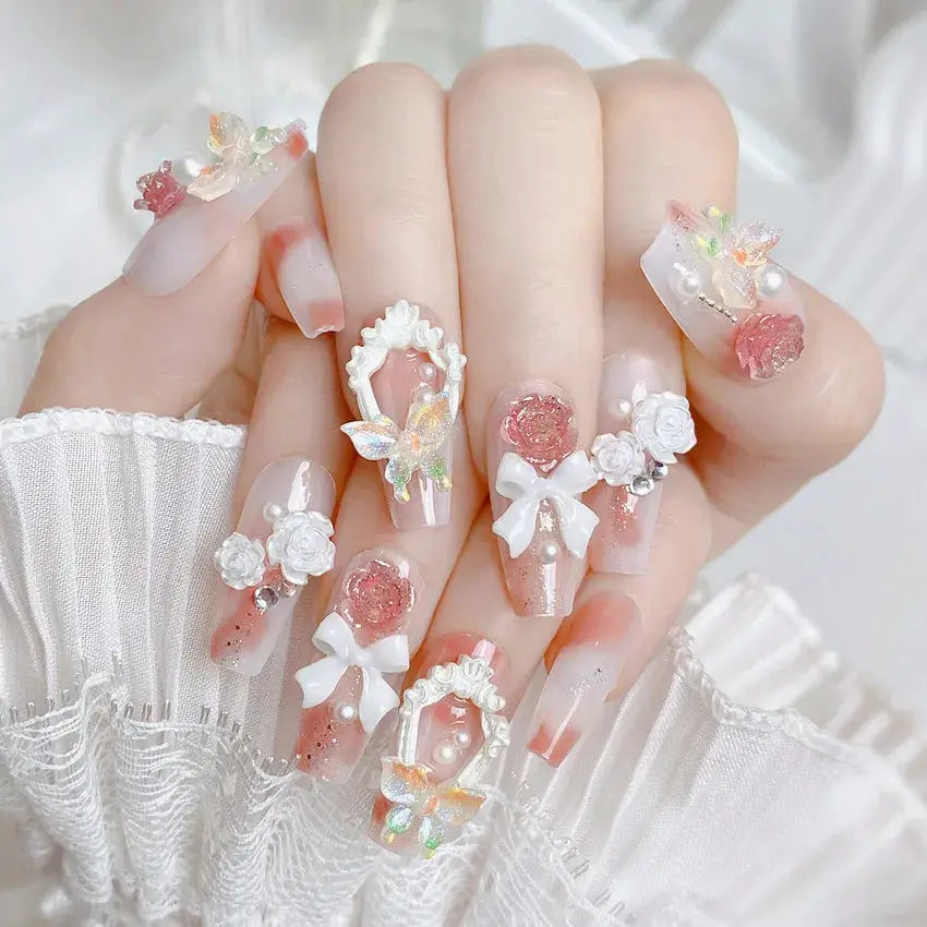 LuxeNail Blush Pink False Nails Bowknot Diamond Pearl Design Press On Nail Tips Harmless Smooth Edge Safe DIY Mani
