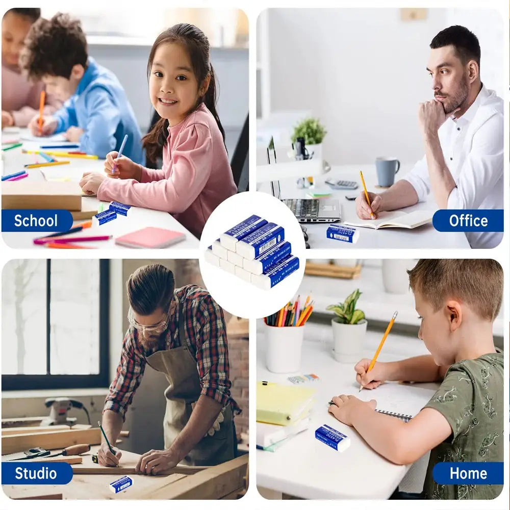Simples Market pencil erasers bulk pack; soft PVC rubber erasers in blue packaging for school, office, home, studio