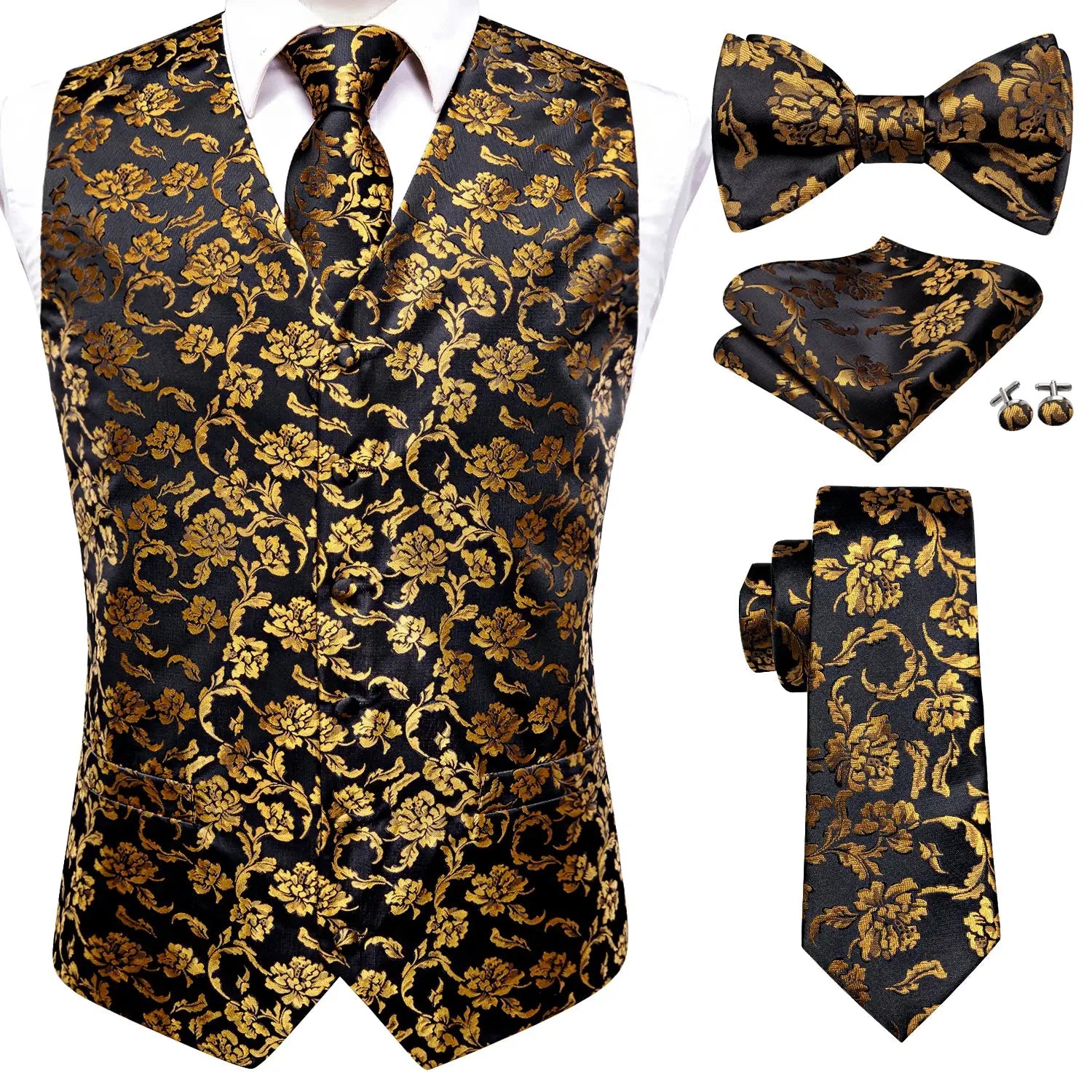 5-piece men's waistcoat set in black with gold floral brocade; includes vest, necktie, bowtie, hanky and cufflinks