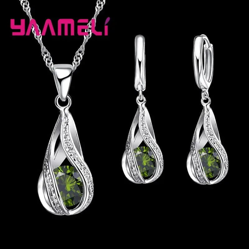 Water Drop CZ 925 Sterling Silver Plated Jewelry Set For Women Pendant Necklace And Hoop Earrings For Wedding Ceremony