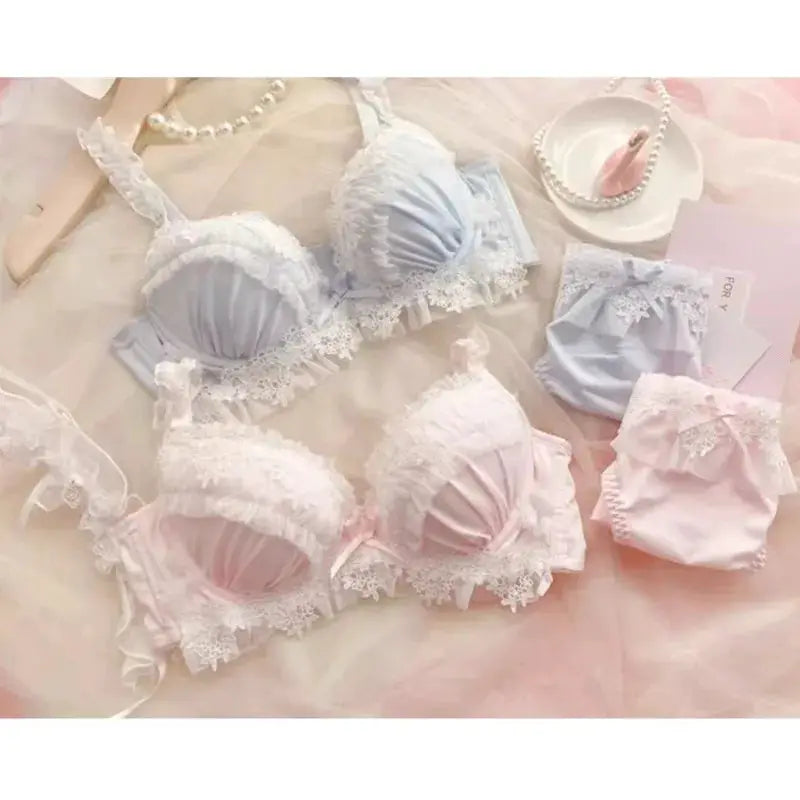 Lace bra and panty lingerie set in pastel blue and pink with white lace trim from Simples Market (2 bras, 2 panties)